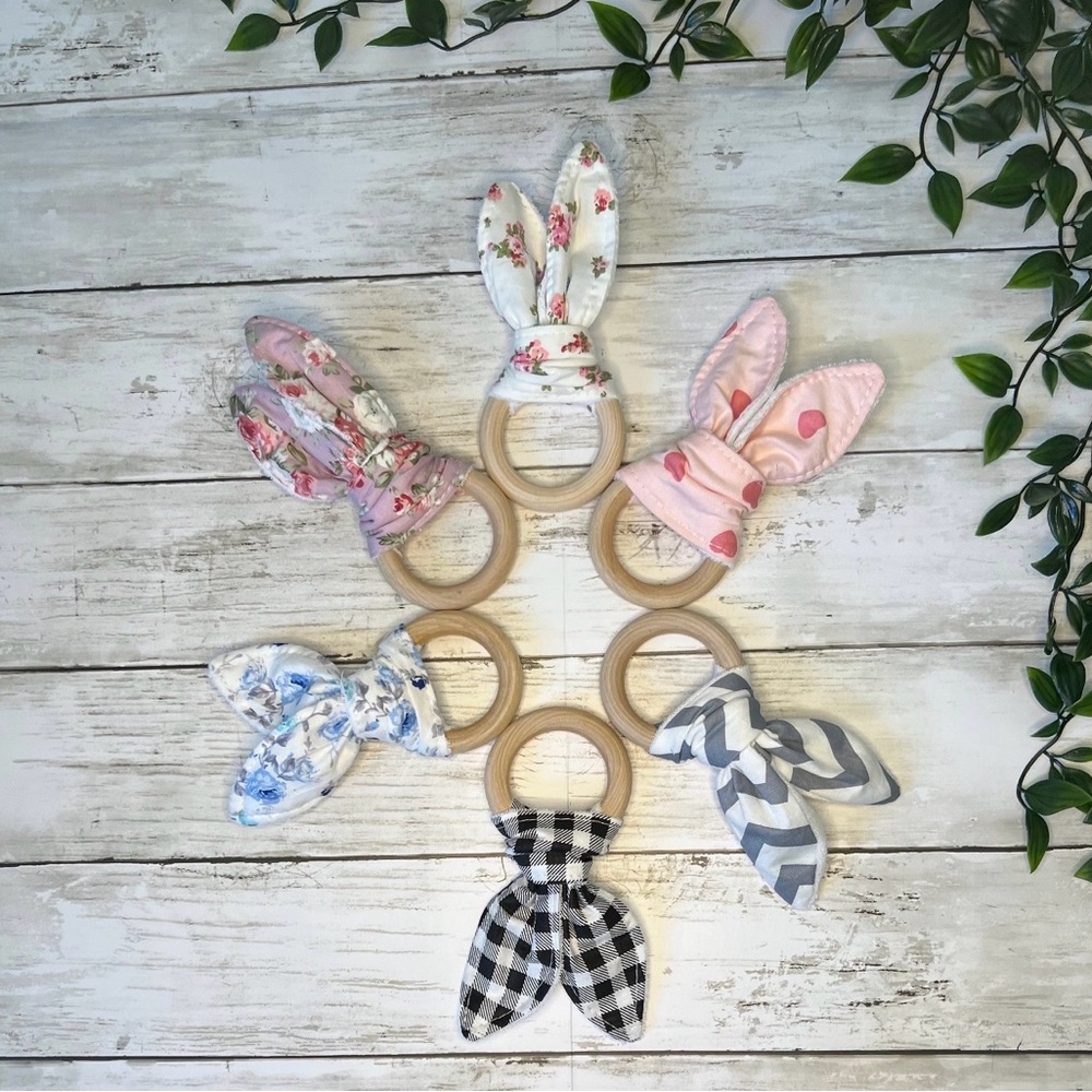 Floral and Patterned Bunny Ear Teething Rings Set